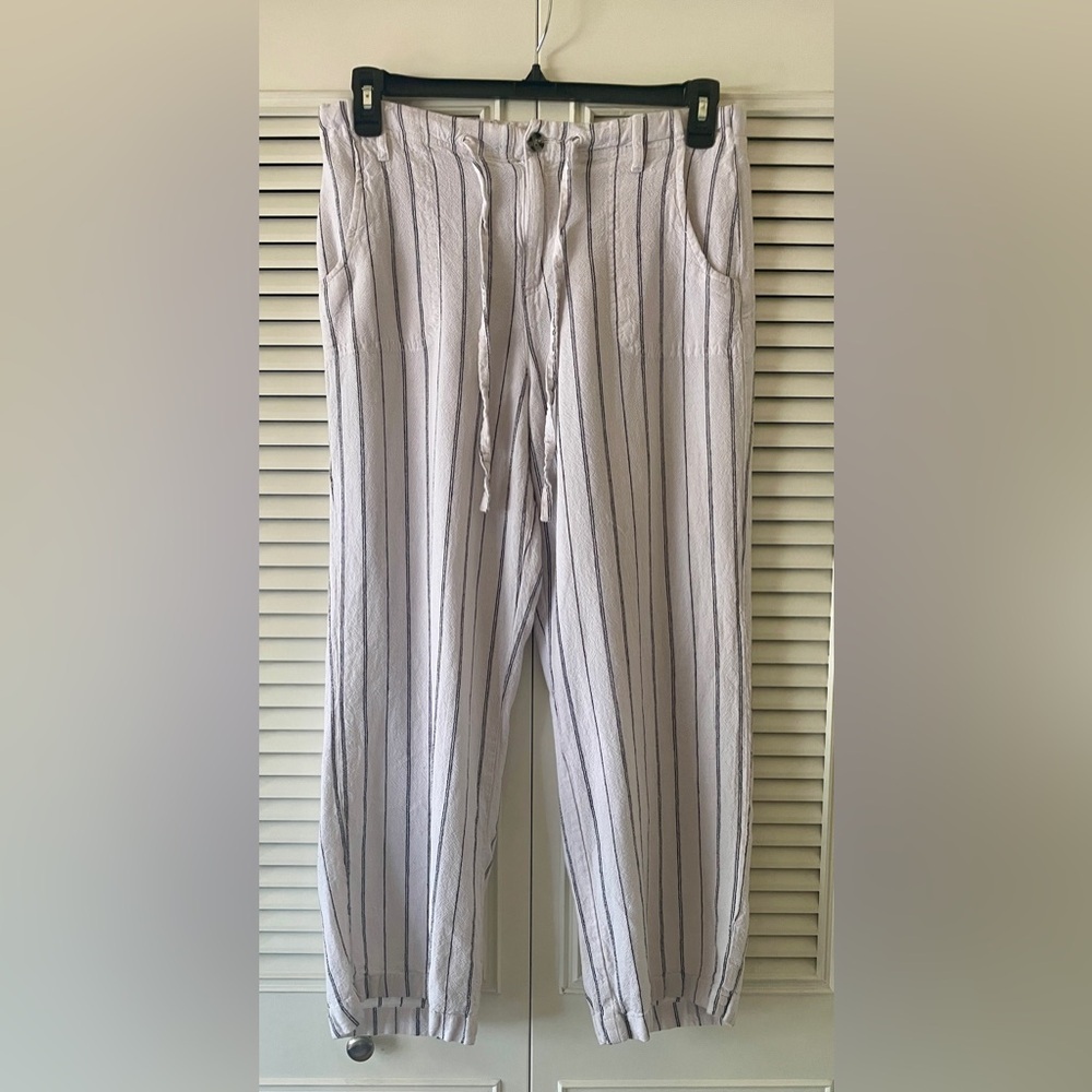 Anti Blue Women’s Linen Blend Wht/Blk Striped Drawstring Pants SZ L (B8)